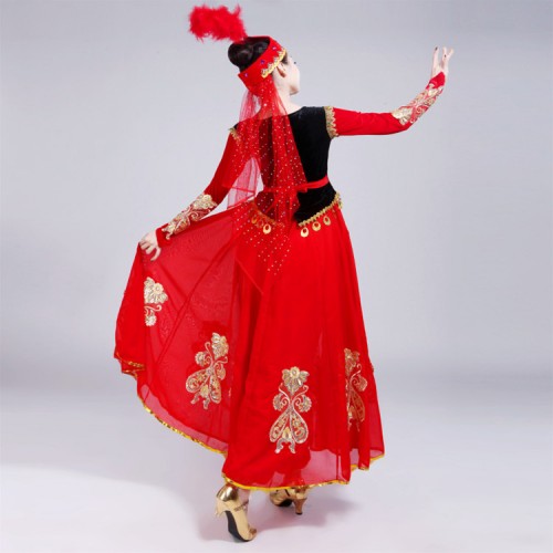 Women's chinese folk dance costumes minority uygur xinjiang dance stage performance dresses belly dance dress